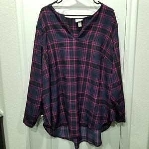 Ava Viv Pink Blue Plaid Tunic V-neck Blouse Women Peasant Top Size 2X